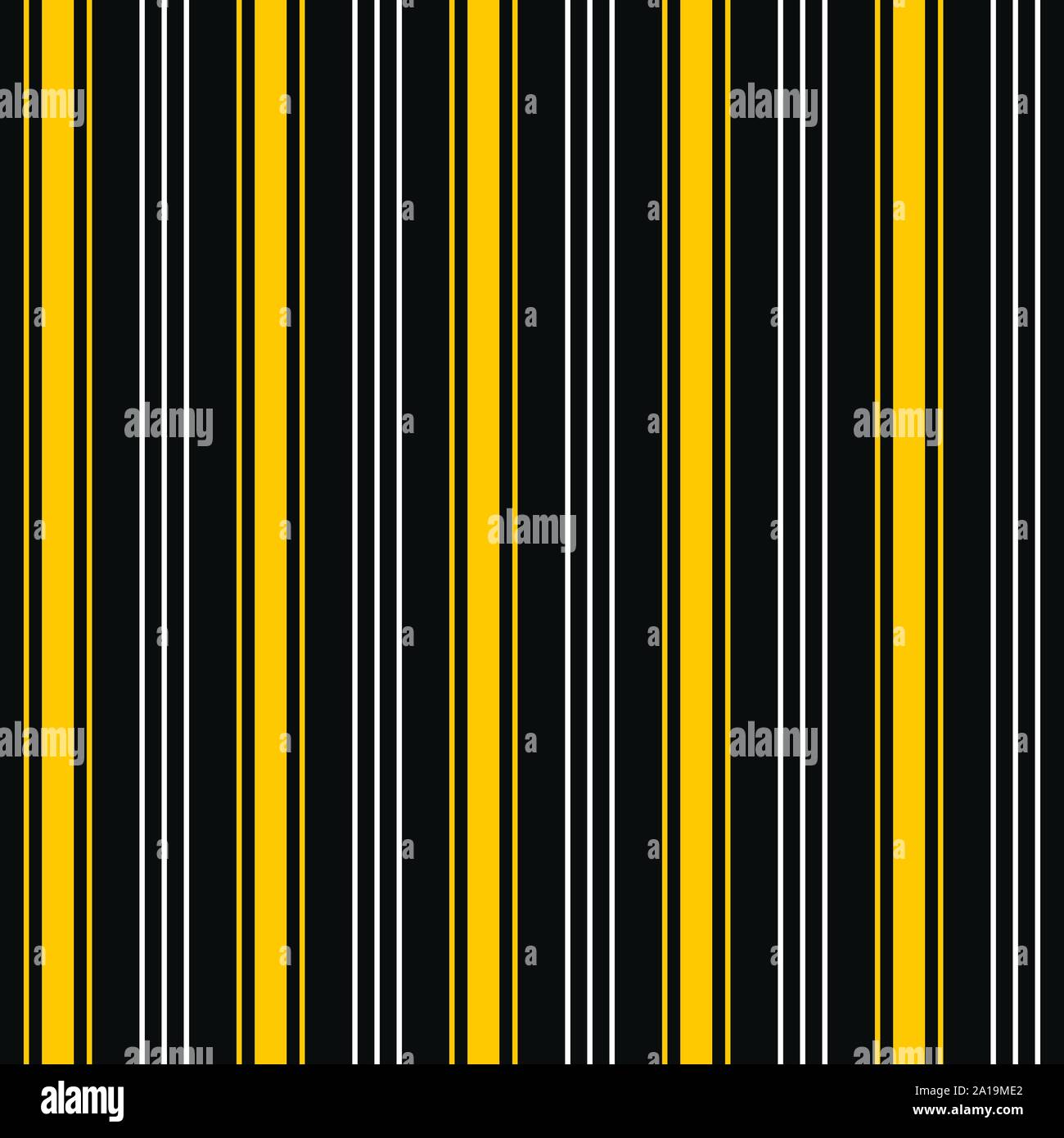 Zusammenfassung nahtlose Muster der vertikalen gelben und weißen hellen Streifen. Regelmäßig wiederkehrende Farbe Linien auf schwarzem Hintergrund. Design für den Hintergrund. Stock Vektor