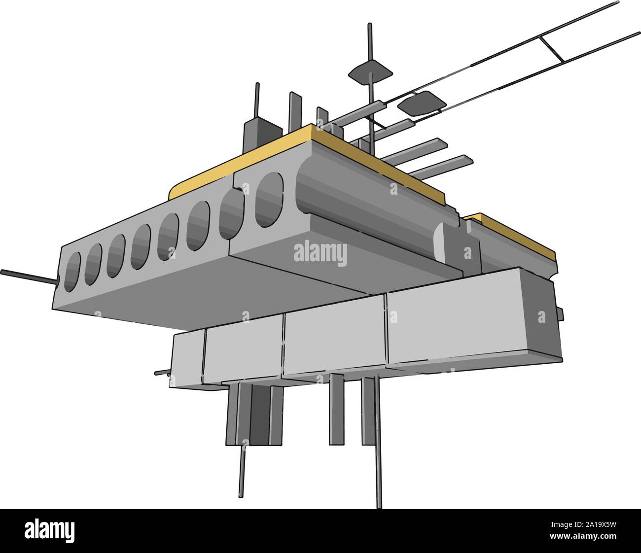Gelbes Gebäude, Illustration Dock, Vektor auf weißem Hintergrund. Stock Vektor