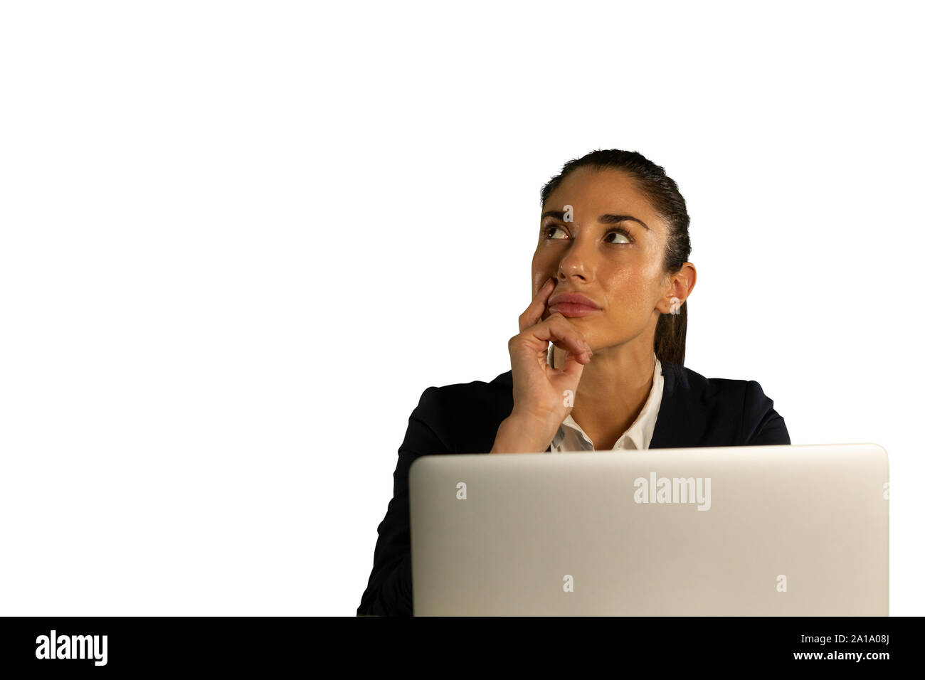 Junge besorgt Geschäftsfrau mit einem Laptop Stockfoto