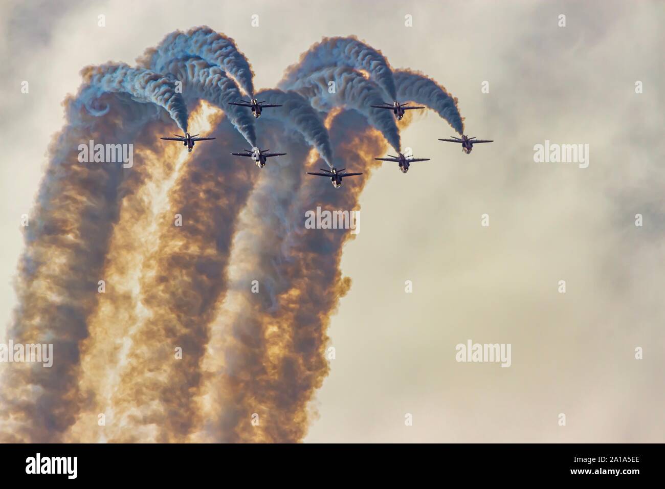 Die britische RAF Red Arrows display Team in sieben Schiff enger Formation rolling invertiert trailing Schwaden von Rauch gegen einen sonnendurchfluteten Himmel Stockfoto