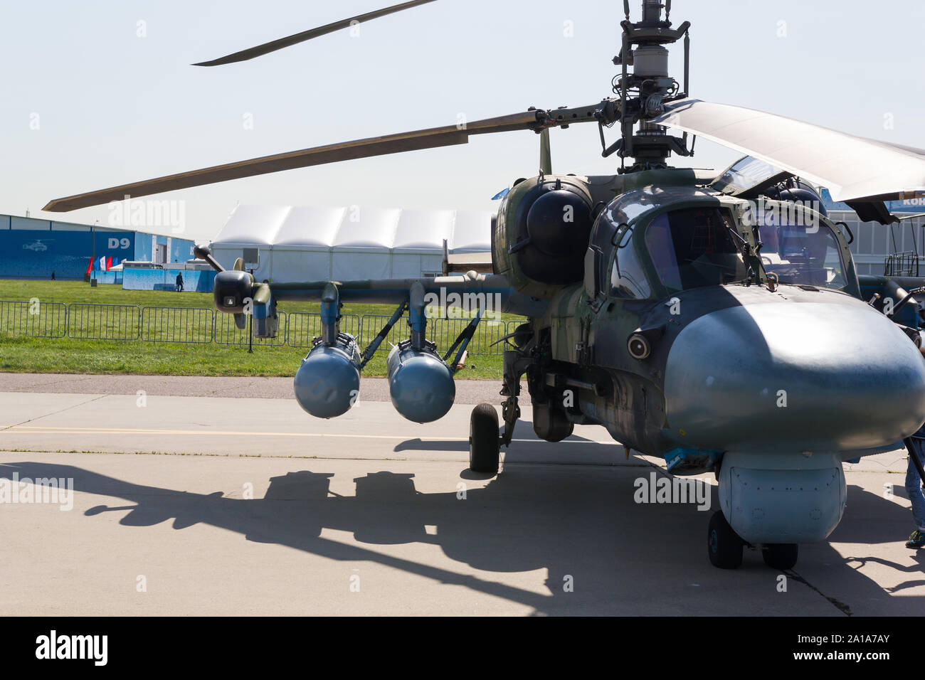 29. AUGUST 2019 Moskau, Russland: Draußen Ausstellung der militärischen Flugzeuge - Hubschrauber MI-26 NM. Mitte der Schuß Stockfoto