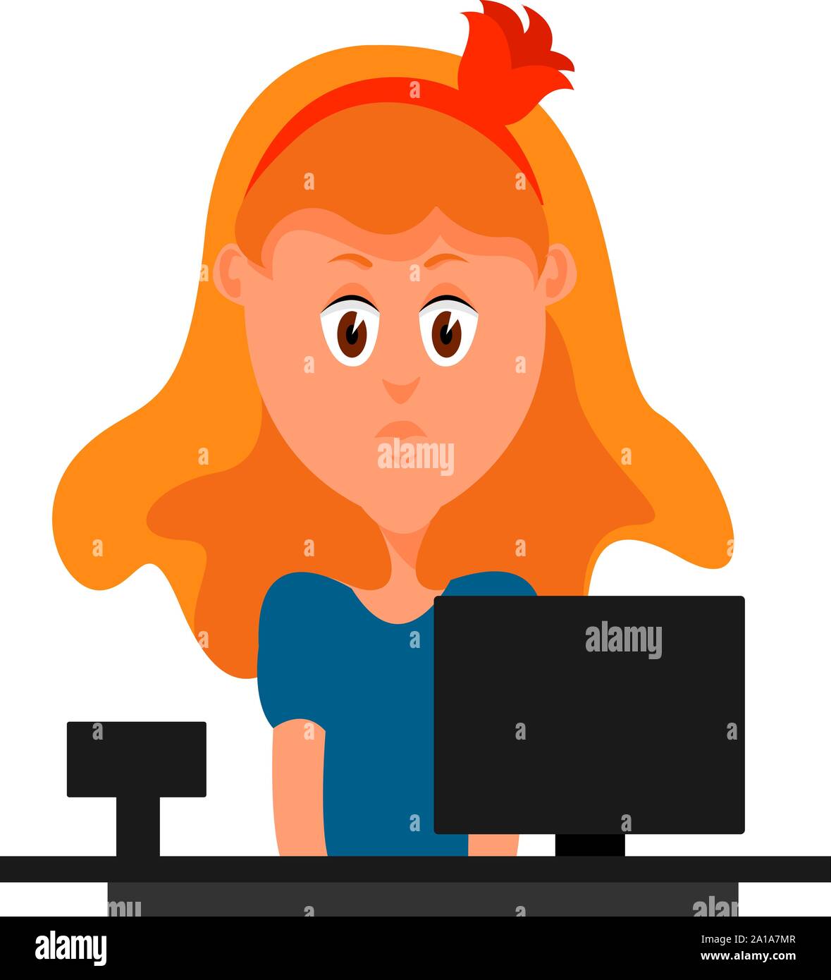 Mädchen arbeiten am PC, Illustration, Vektor auf weißem Hintergrund. Stock Vektor