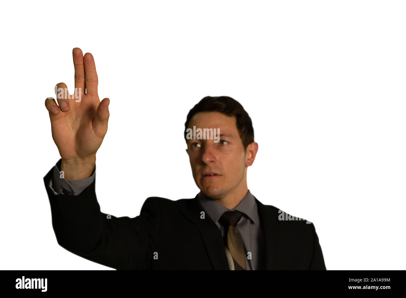 Geschäftsmann mit interaktiven Touchscreen Stockfoto