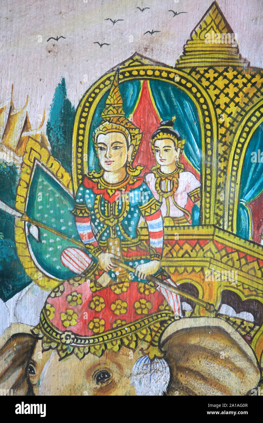 Vie du Bouddha Shakyamuni. Wat Naxai. Vientiane. Laos. / Gemälde mit der Darstellung der Lebensgeschichte des Buddha Shakyamuni. Wat Naxai. Vientiane. Laos. Stockfoto