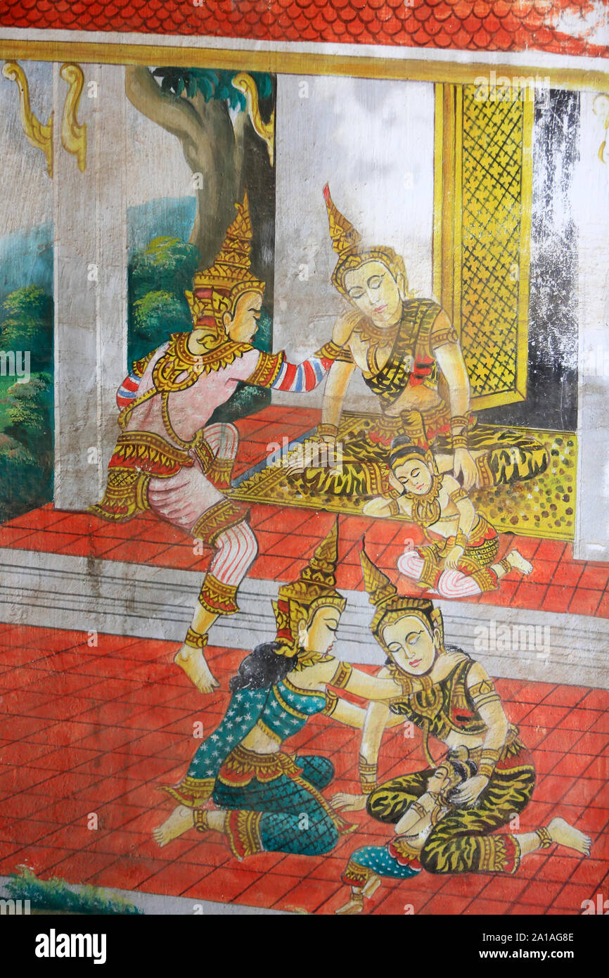 Vie du Bouddha Shakyamuni. Wat Naxai. Vientiane. Laos. Asie. / Gemälde, das die Lebensgeschichte von Shakyamuni Buddha darstellt. Wat Naxai. Vientiane. Laos Asien Stockfoto