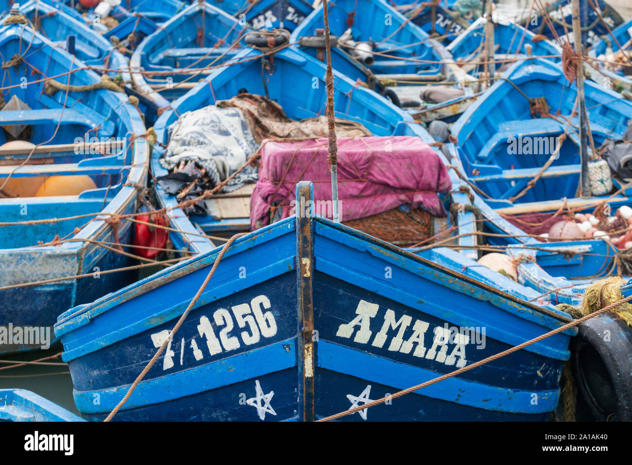 Blau Holz Fischerboote im Hafen von Essaouira, Marokko, Maghreb, Nordafrika Stockfoto