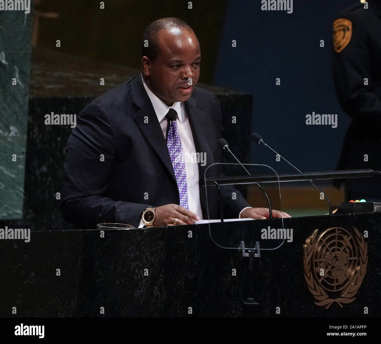New York, Vereinigte Staaten. 25 Sep, 2019. König von Eswatini König Mswati III spricht auf dem 74. Allgemeine Aussprache bei der Generalversammlung der Vereinten Nationen am Sitz der Vereinten Nationen am Mittwoch, September 25, 2019 in New York City. Foto von Jemal Countess/UPI Quelle: UPI/Alamy leben Nachrichten Stockfoto