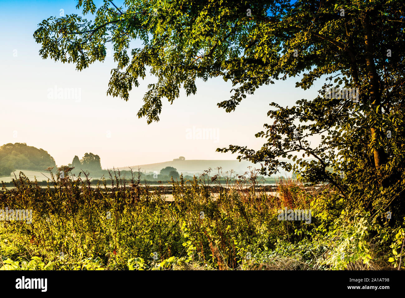 Der Blick Richtung Liddington Hill in der Nähe von Swindon, Wiltshire auf einem frühen Herbst Sonnenaufgang. Stockfoto