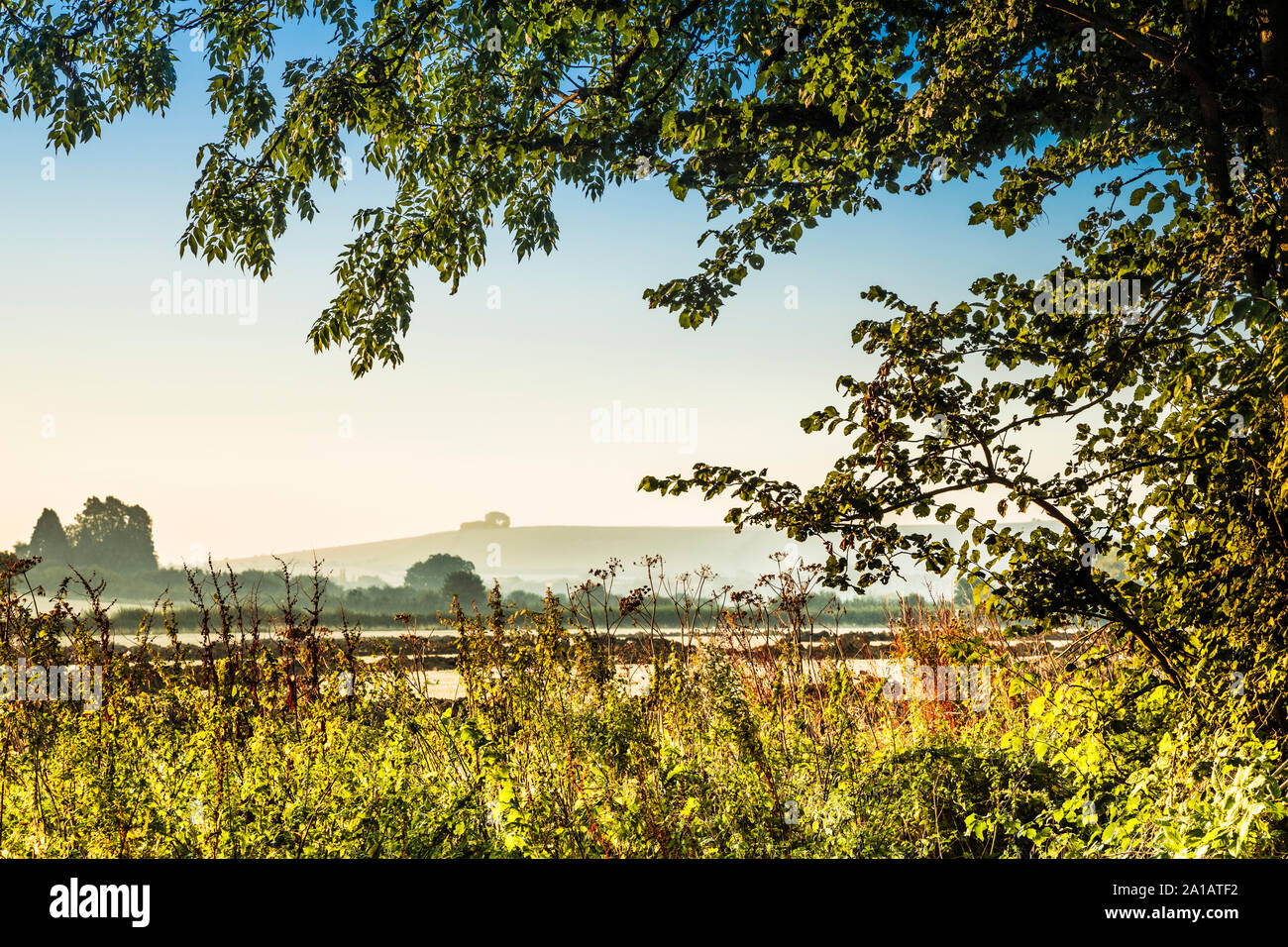 Der Blick Richtung Liddington Hill in der Nähe von Swindon, Wiltshire auf einem frühen Herbst Sonnenaufgang. Stockfoto