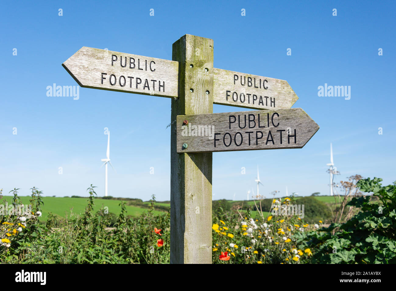 Öffentlichen Fußweg Zeichen in den Hügeln in der Nähe von Brannenburg, Devon, England, Vereinigtes Königreich Stockfoto