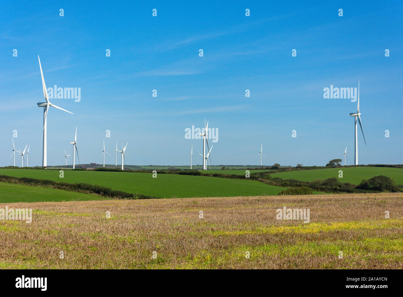 Windkraftanlagen in Feldern, in der Nähe von Brannenburg, Devon, England, Vereinigtes Königreich Stockfoto