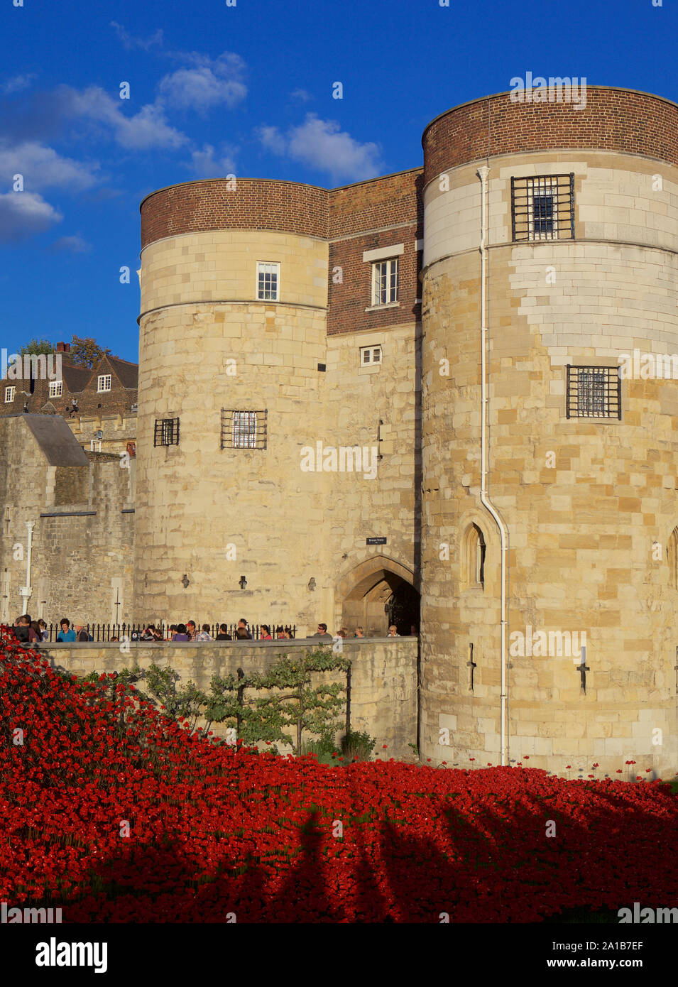 Blut fegte Länder und Meere der Roten Installation am Tower von London Kennzeichnung 100 Jahre seit dem 1. Weltkrieg. Stockfoto
