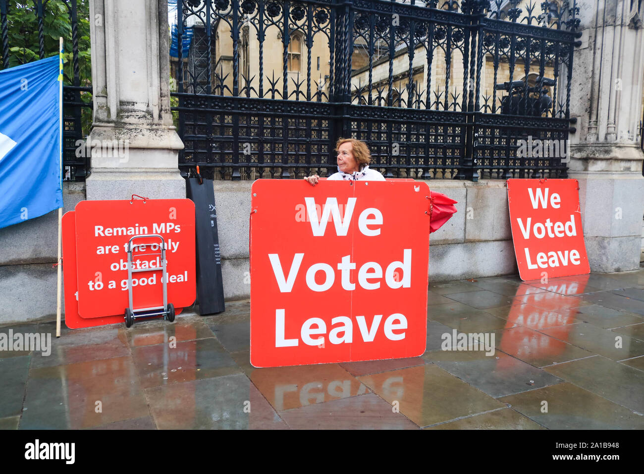 Ein pro verlassen Demonstrant hält ein Plakat vor den Toren des Parlaments als die britischen Politiker return im Unterhaus Sitzen nach der Entscheidung des Obersten Gerichtshofs, dass Premierminister Boris illegal von Zittern Parlament gehandelt hat. Stockfoto