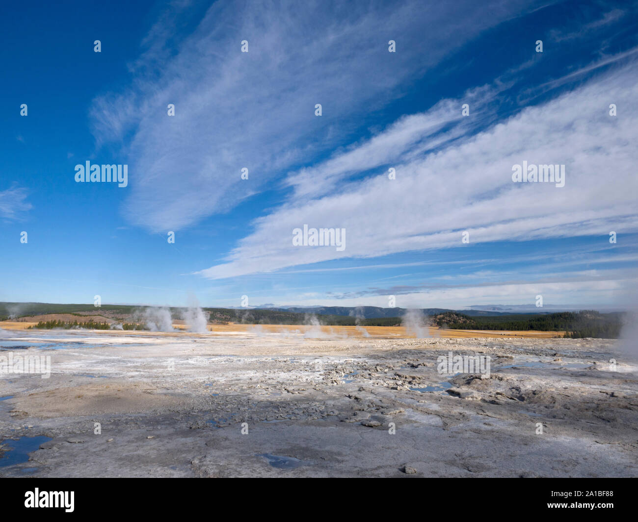 Heiße Quellen dampfende, Midway Geyser Basin, Yellowstone National Park, Wyoming, USA Stockfoto