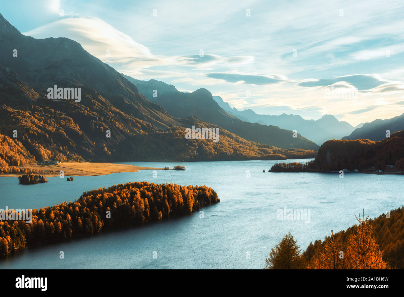 Epische Sicht auf den Silsersee Silsersee (Herbst) in den Schweizer Alpen. Herbst Wald mit gelben Lärchen für den Hintergrund. Landschaftsfotografie Stockfoto