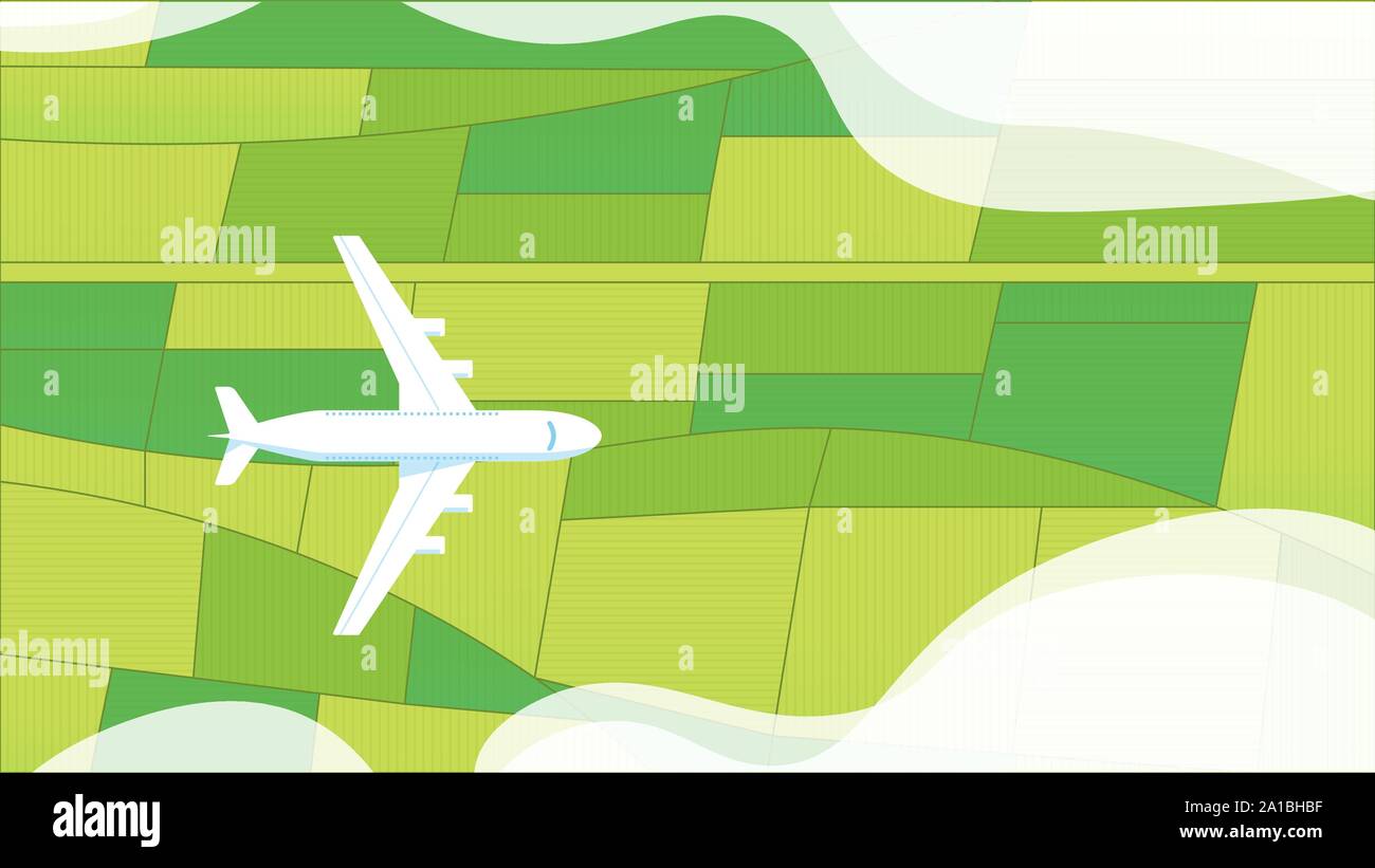 Passagierflugzeug top Aussicht über grüne Wiesen. Stock Vektor