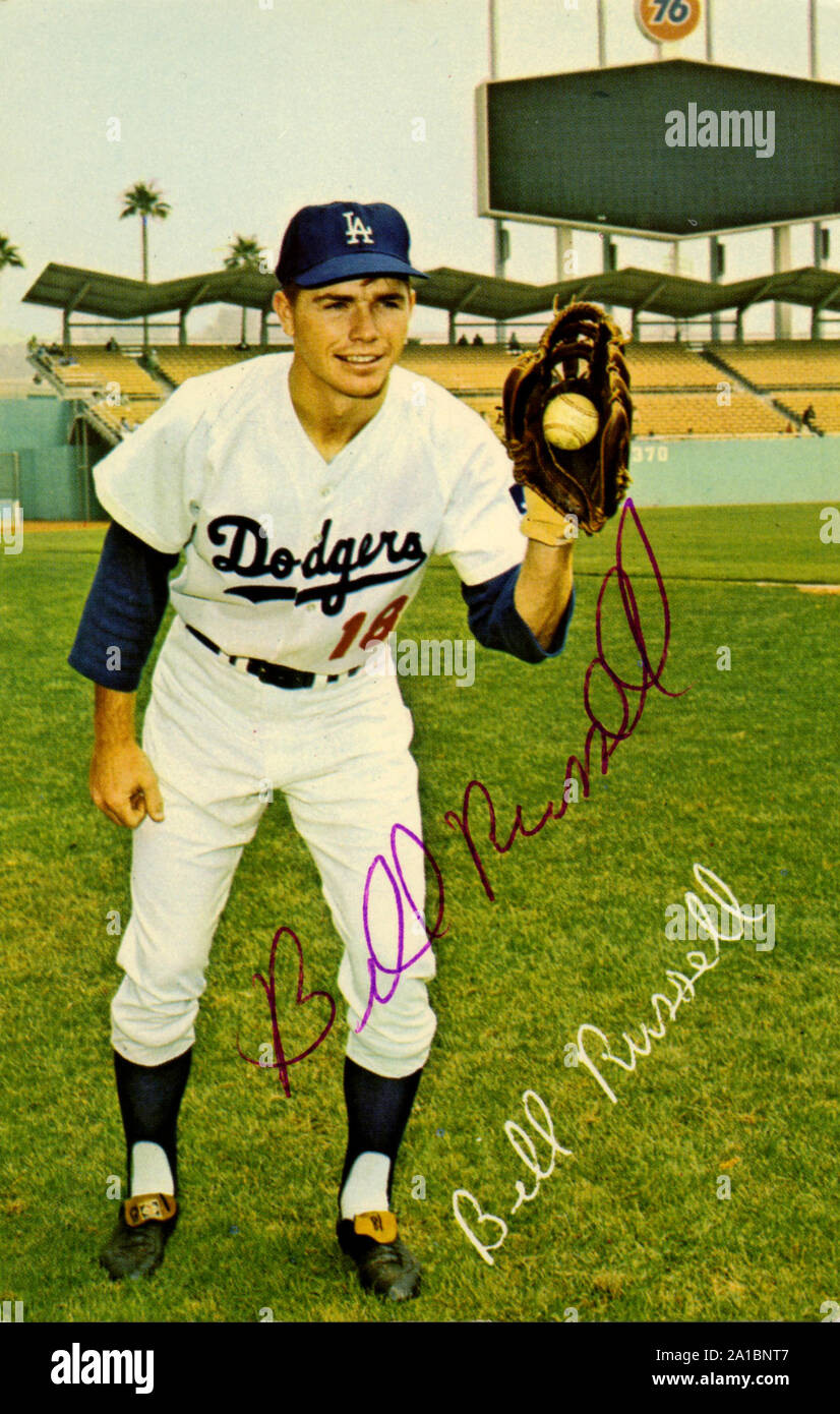 1970s Era autographierte Erinnerungsfoto von Los Angeles Dodger Spieler Bill Russell. Stockfoto