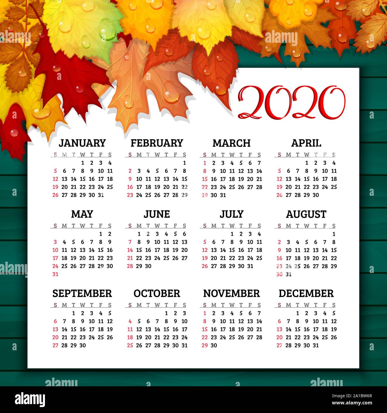 Kalender für das Jahr 2020 Jahr mit bunten Blätter im Herbst auf hölzernen Hintergrund Vektor Stock Vektor