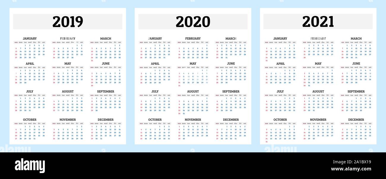 Jahreskalender 2019, 2020 und 2021 Vorlage. Vector Illustration Stock Vektor