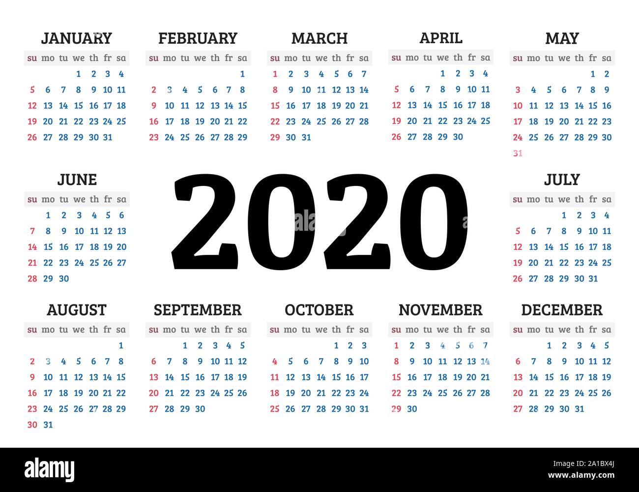 2020 jährliche Kalender. Vector Illustration Stock Vektor