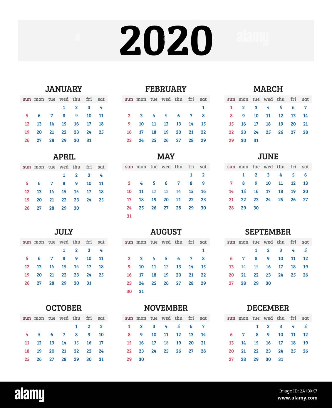 2020 jährliche Kalender. Vector Illustration Stock Vektor