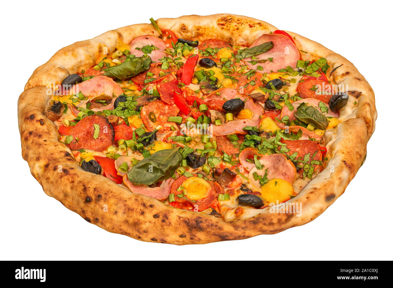 Pizza close-up 3D Rendering mit realistischen Textur auf weißem Hintergrund Stockfoto