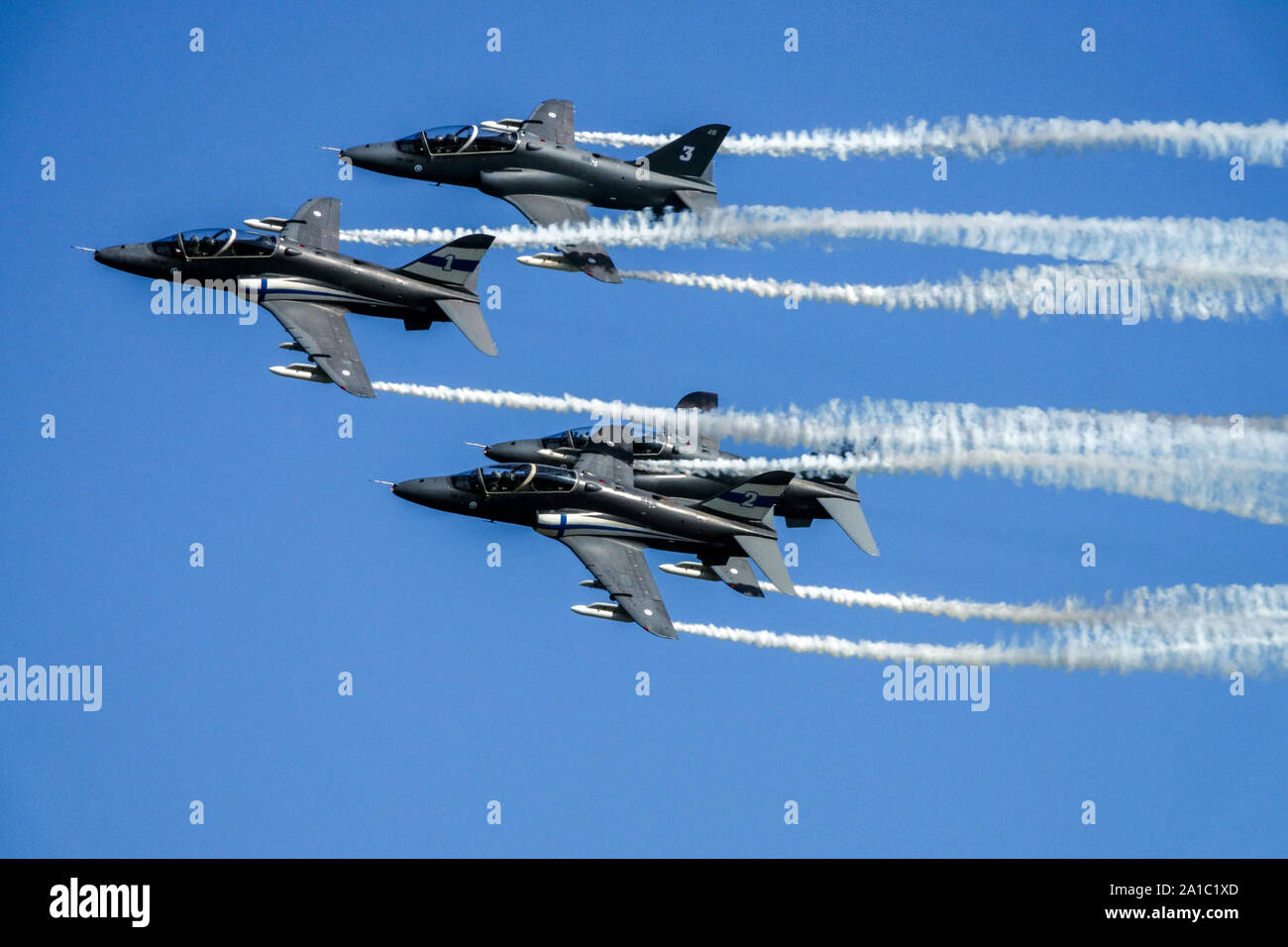 Finnische Luftwaffe mit British Aerospace Hawk Mk.51 Jet, Display team Mitternacht Falken Stockfoto