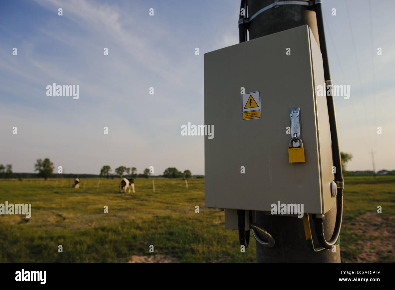 Schaltkasten draußen auf der Wiese mit Stahl Vorhängeschloss verschlossen Stockfoto