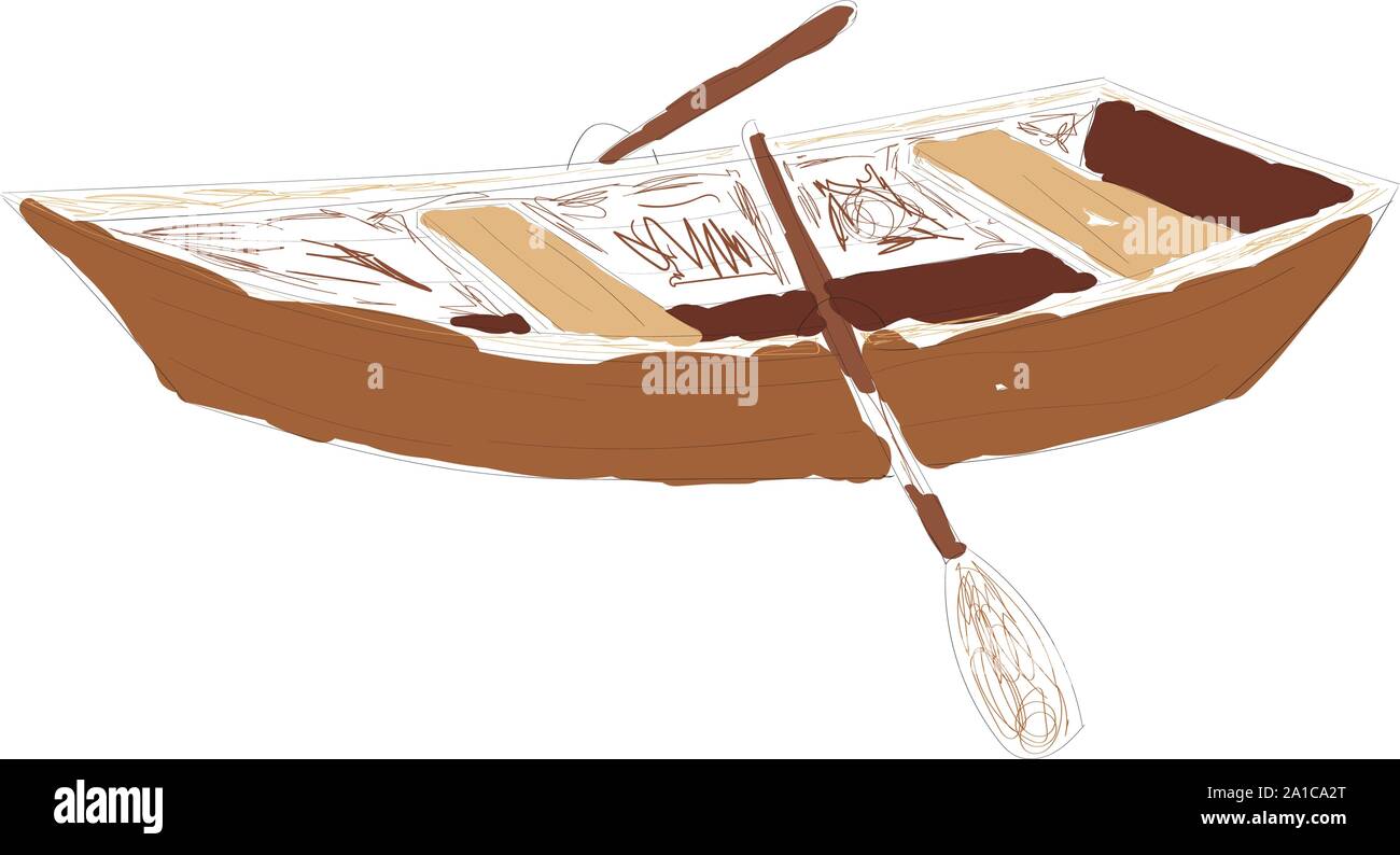 Holz- Boot, Illustration, Vektor auf weißem Hintergrund. Stock Vektor