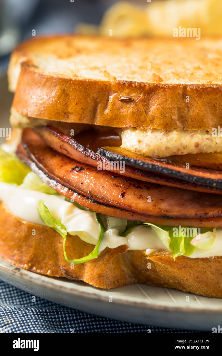 Hausgemachte Fried Bologna Sandwich mit Käse und Salat Stockfoto