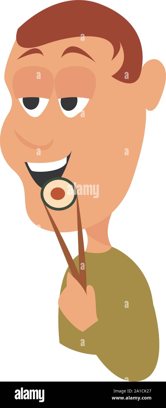 Mann essen Sushi, Illustration, Vektor auf weißem Hintergrund. Stock Vektor