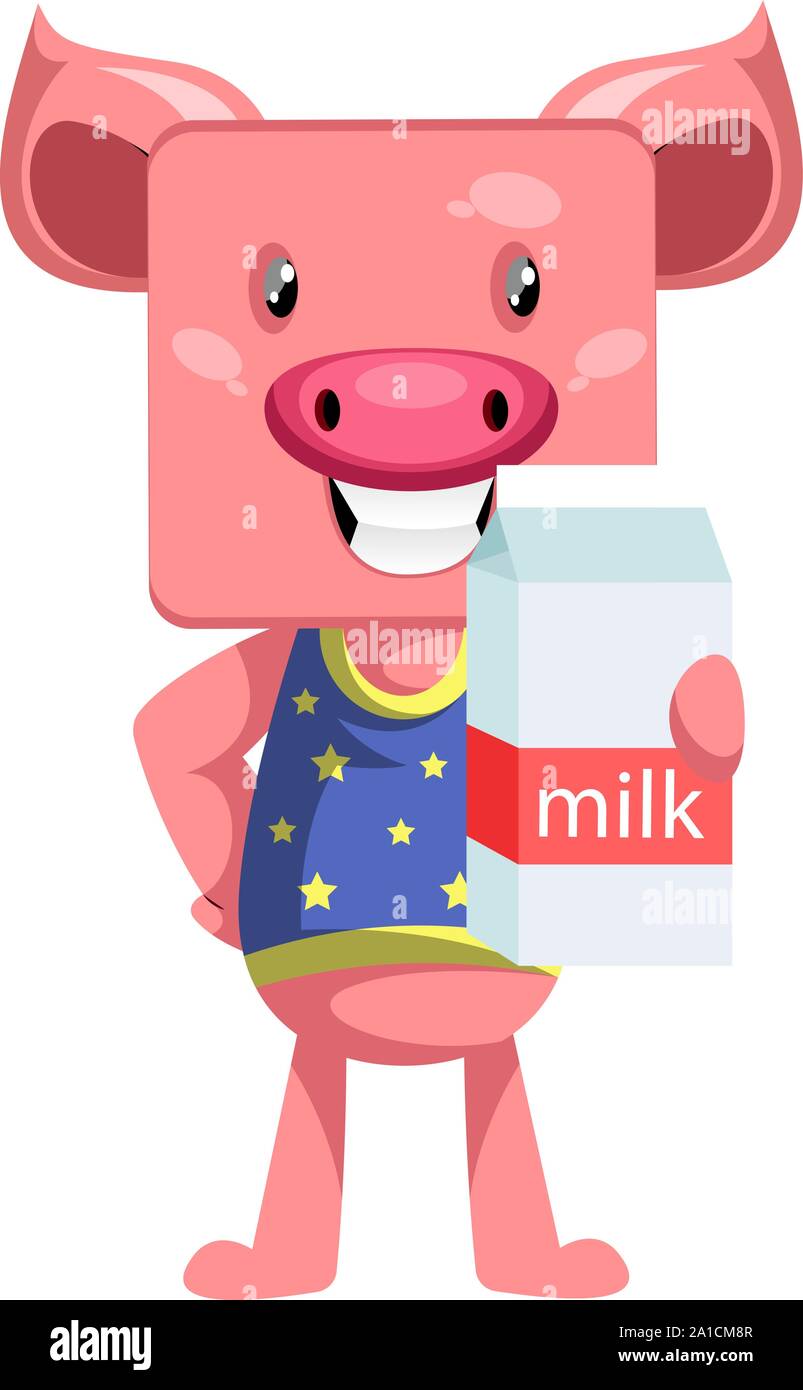 Schwein mit Milch, Illustration, Vektor auf weißem Hintergrund. Stock Vektor