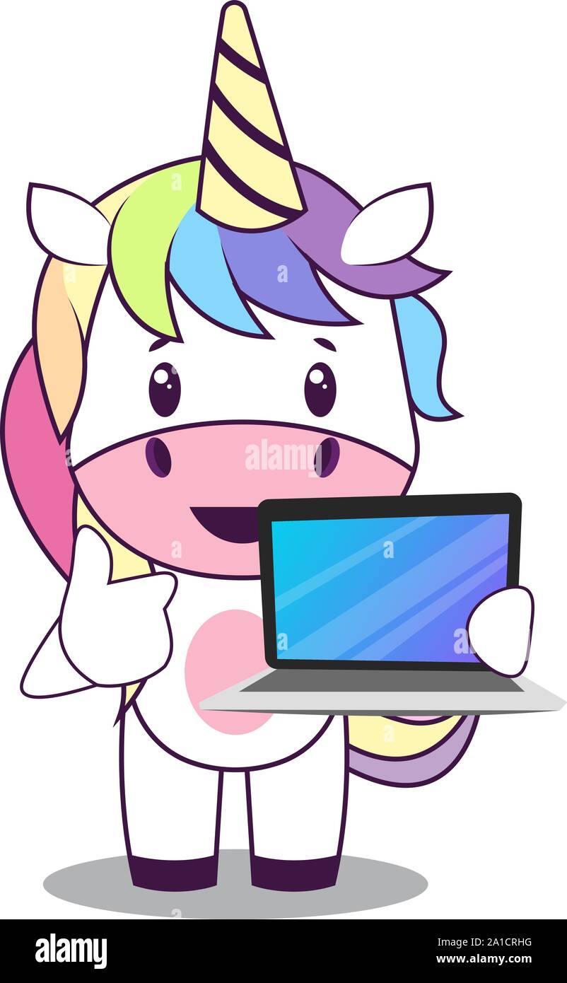 Einhorn mit Laptop, Illustration, Vektor auf weißem Hintergrund. Stock Vektor