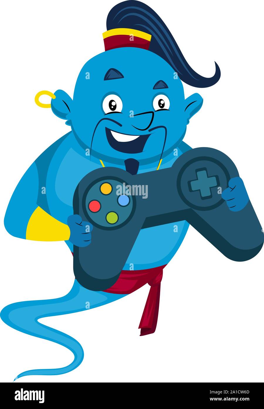 Genie mit Gamepad, Illustration, Vektor auf weißem Hintergrund. Stock Vektor