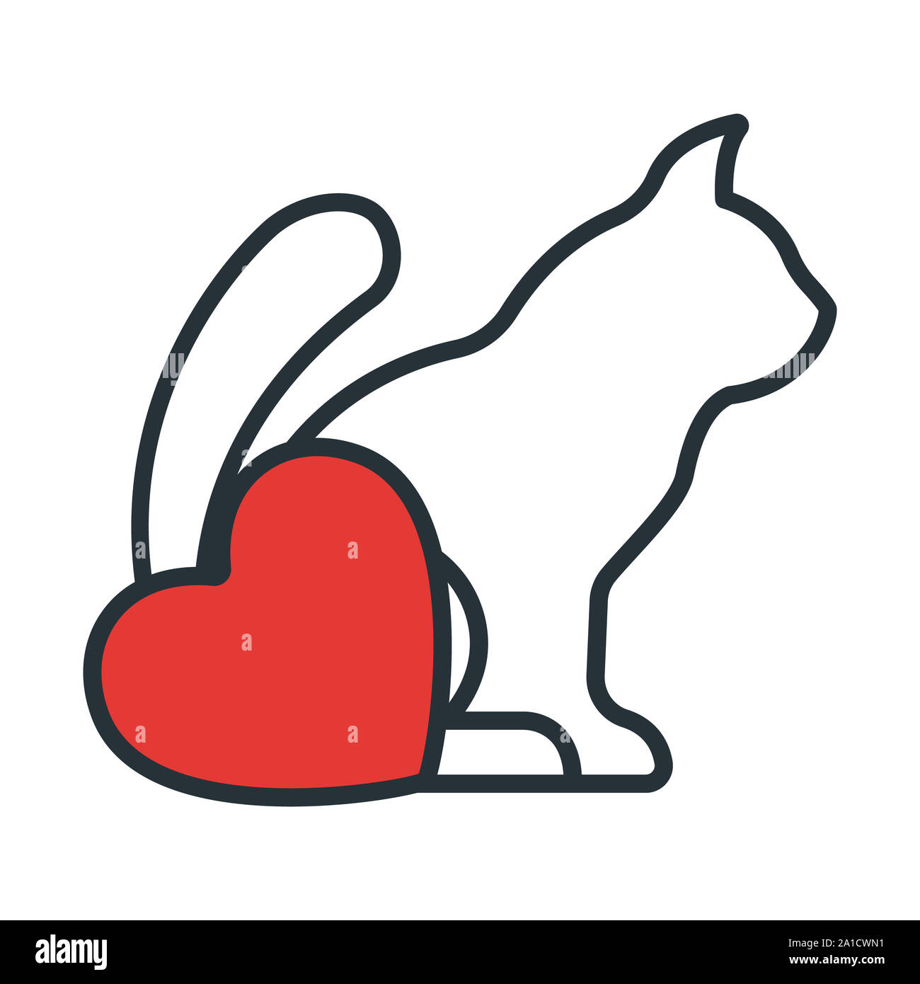Katze mit Herz Symbol. Konzept für das Gesundheitswesen Medizin und Pet Care. Umrisse und Schwarz Haustier. Haustiere Symbol, Symbol und Abzeichen. Einfachen Vektor illus Stockfoto