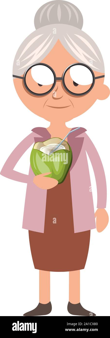 Granny mit Cocktail, Illustration, Vektor auf weißem Hintergrund. Stock Vektor