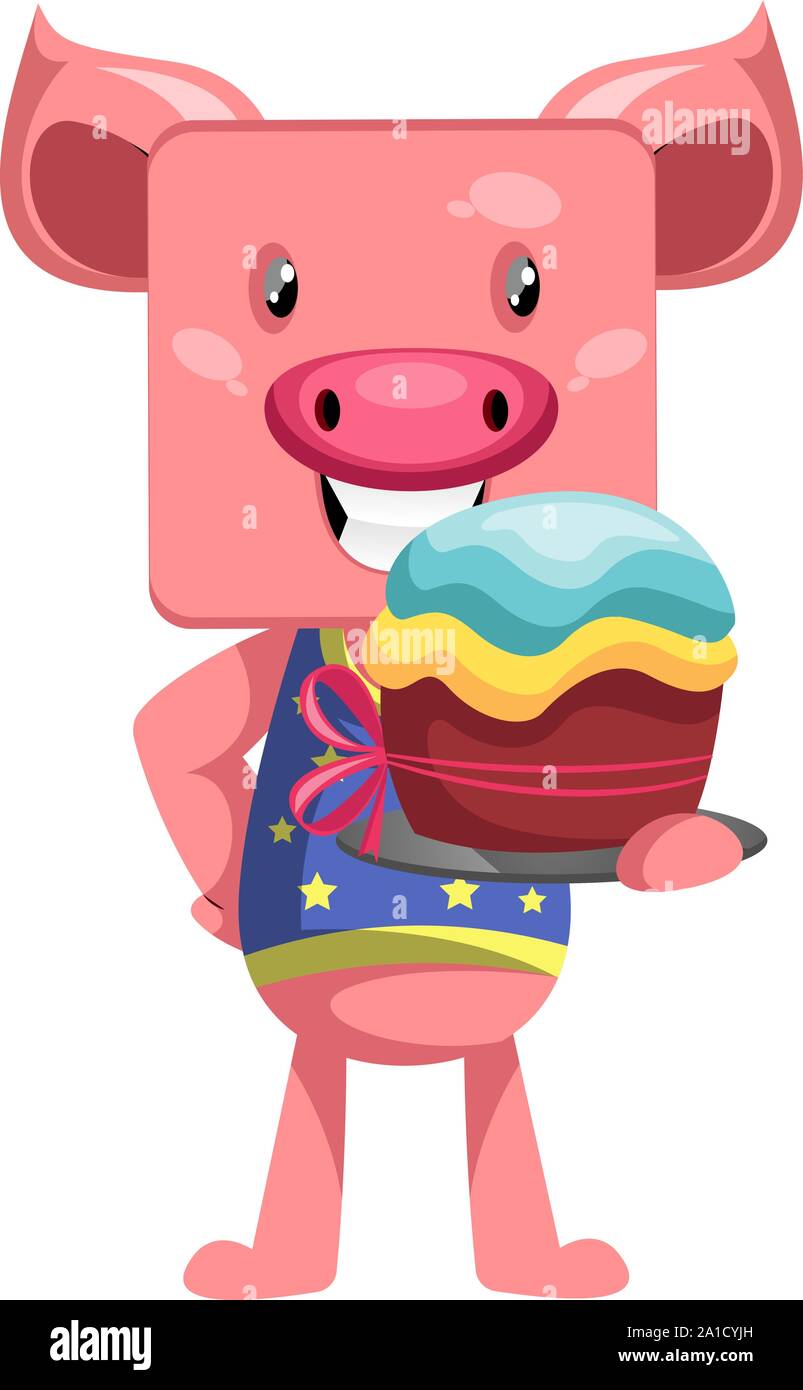 Schwein mit Kuchen, Illustration, Vektor auf weißem Hintergrund. Stock Vektor