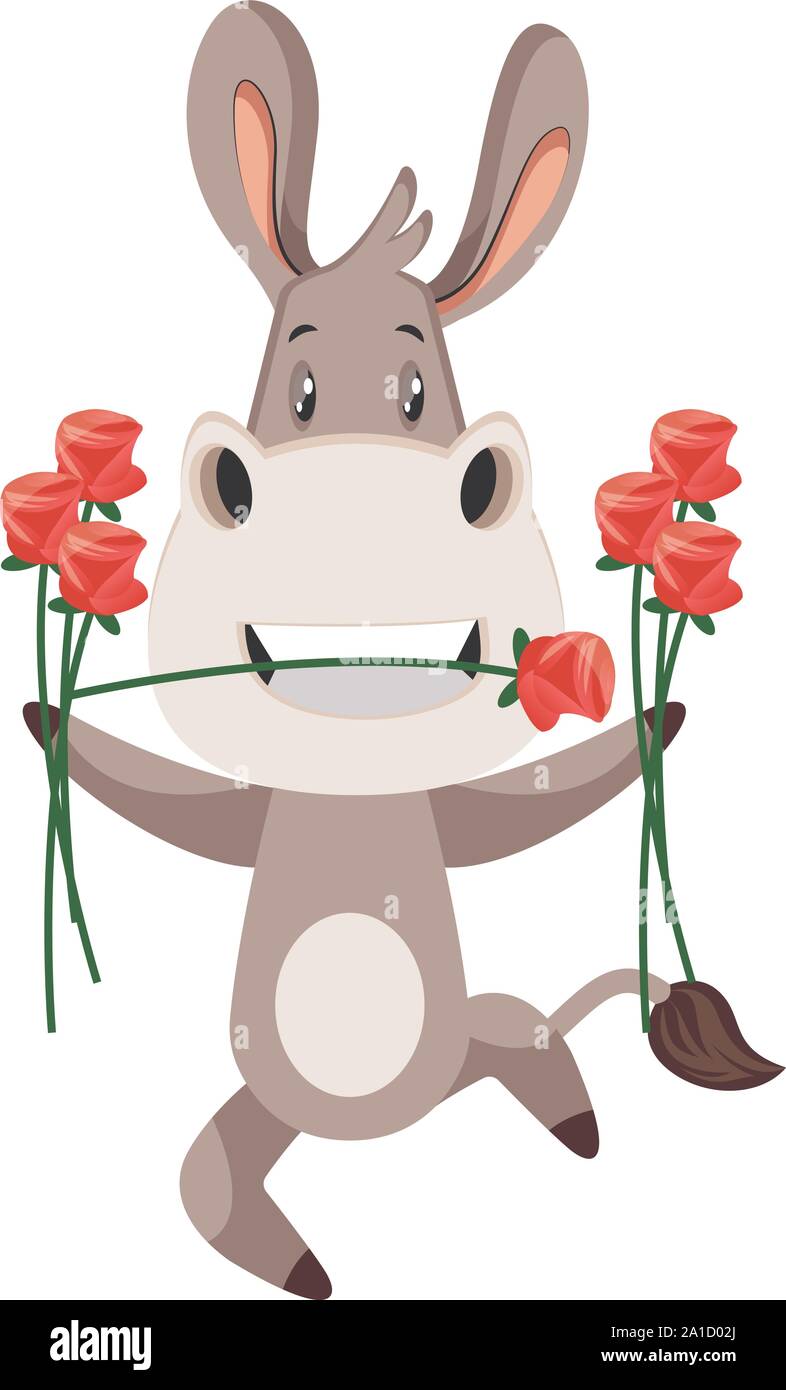 Esel mit Blumen, Illustration, Vektor auf weißem Hintergrund. Stock Vektor