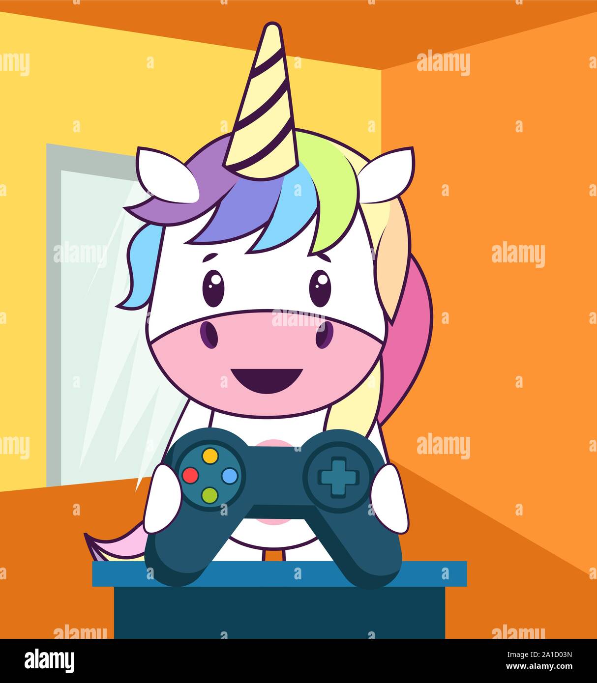 Einhorn mit Gamepad, Illustration, Vektor auf weißem Hintergrund. Stock Vektor