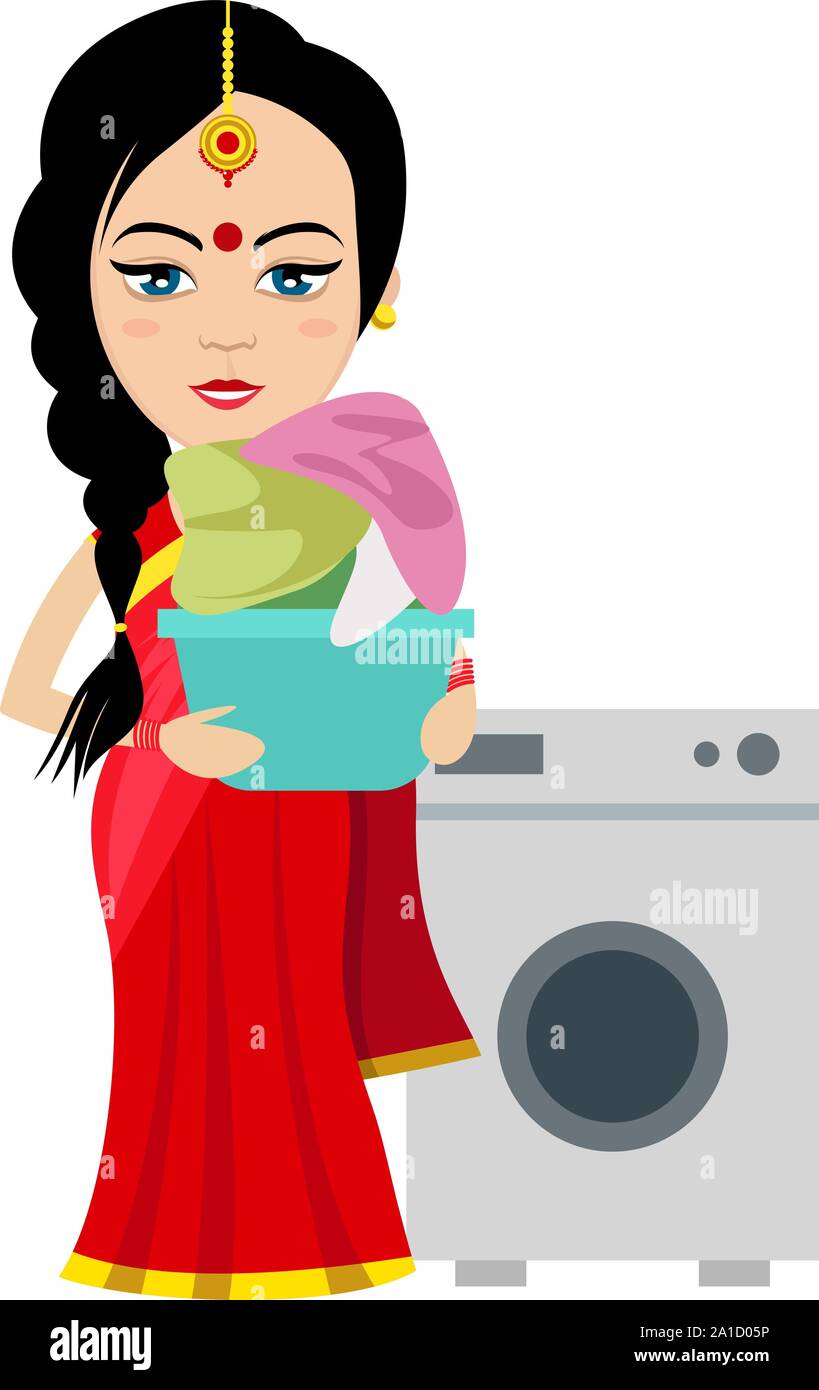 Indische Frau mit Waschmaschine, Illustration, Vektor auf weißem Hintergrund. Stock Vektor