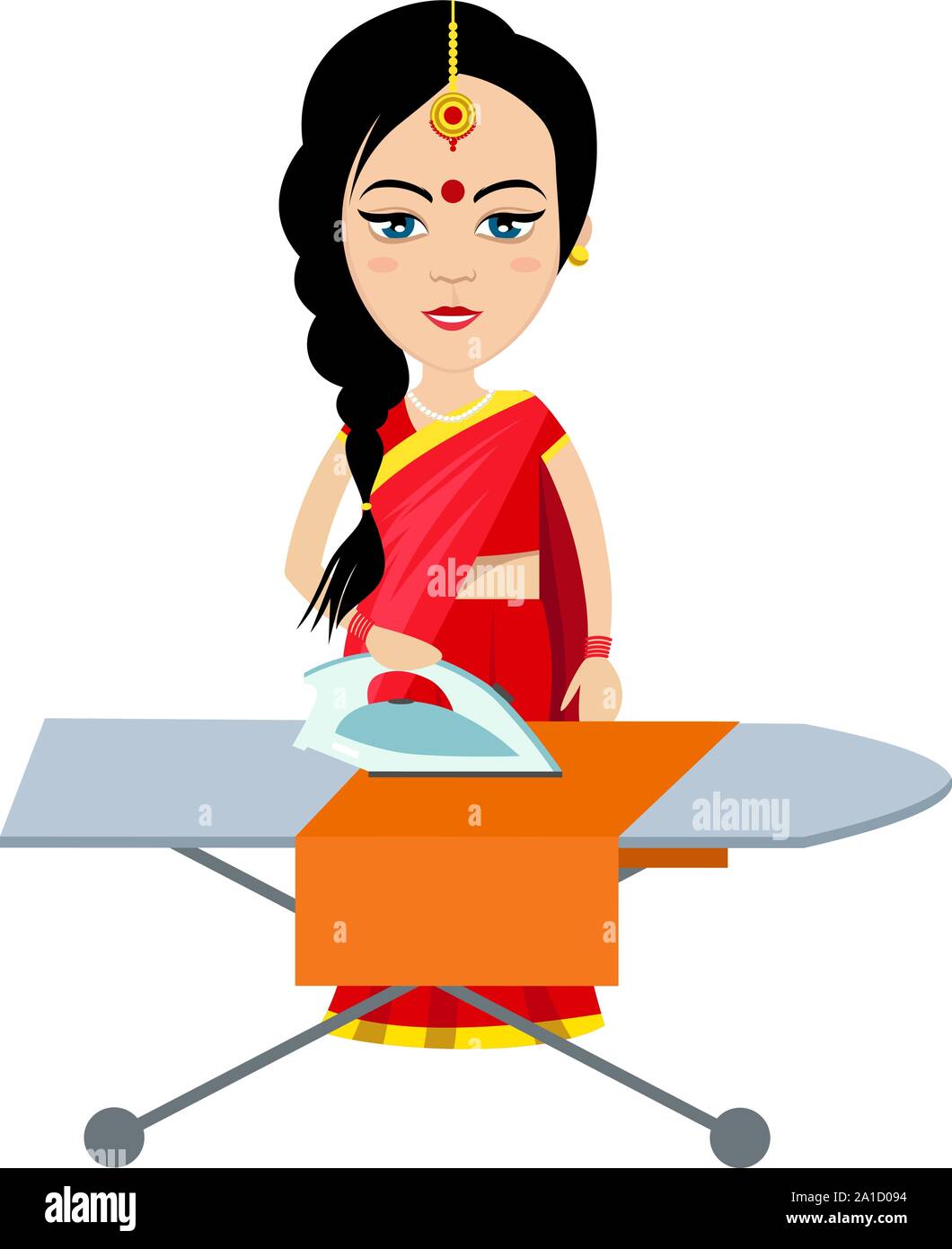 Indische Frau, Bügeln, Illustration, Vektor auf weißem Hintergrund. Stock Vektor
