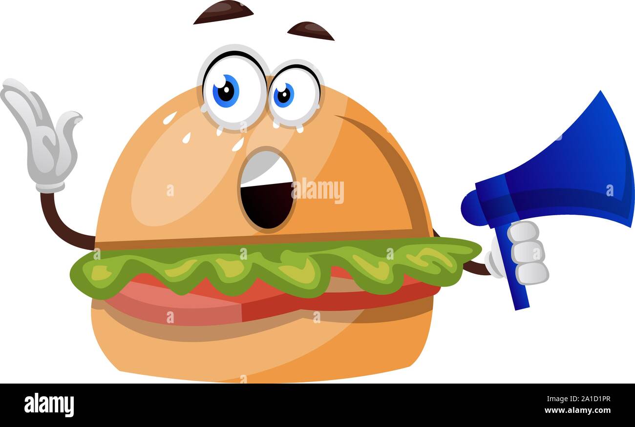 Burger mit Megaphon, Illustration, Vektor auf weißem Hintergrund. Stock Vektor