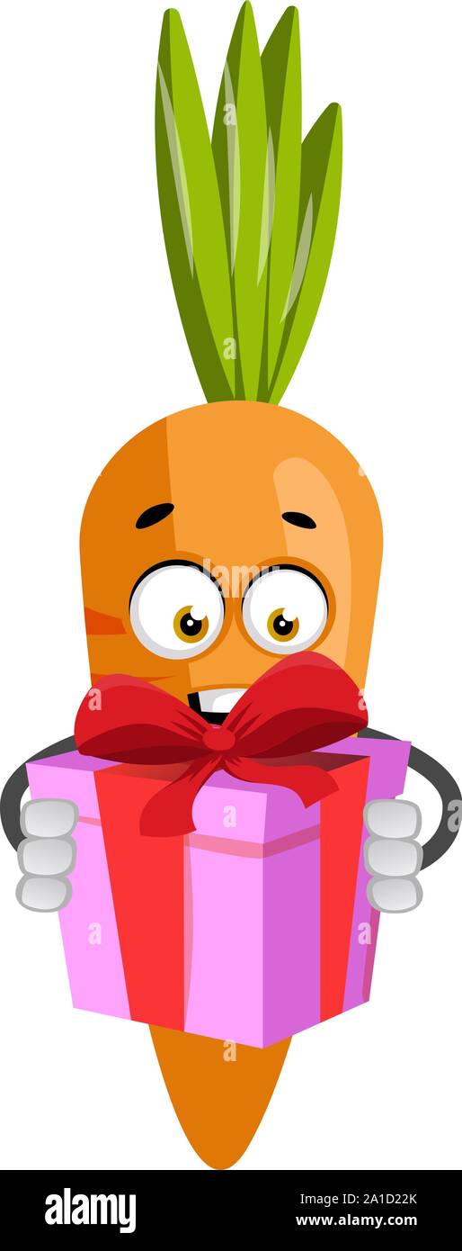 Karotte mit Geburtstagsgeschenk, Illustration, Vektor auf weißem Hintergrund. Stock Vektor