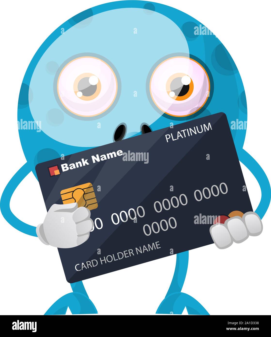 Blaue Monster mit Kreditkarte, Illustration, Vektor auf weißem Hintergrund. Stock Vektor