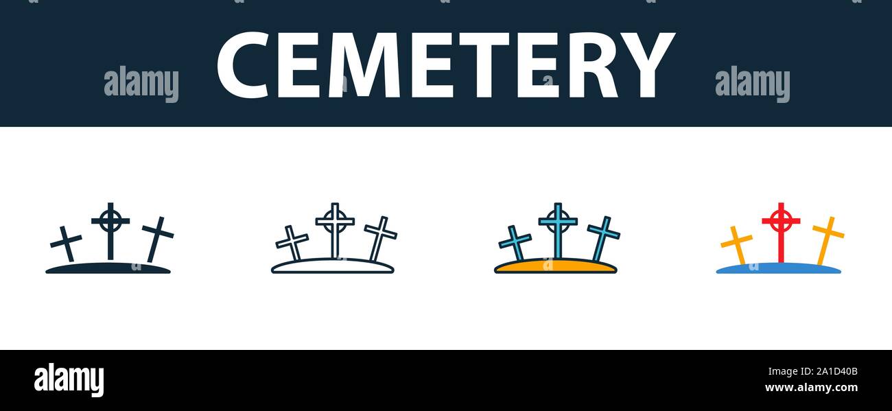Friedhof Icon Set. Premium Symbol in verschiedenen Stilen von Halloween icons Collection. Kreative Friedhof Symbol, Outline, farbige und flach Stock Vektor