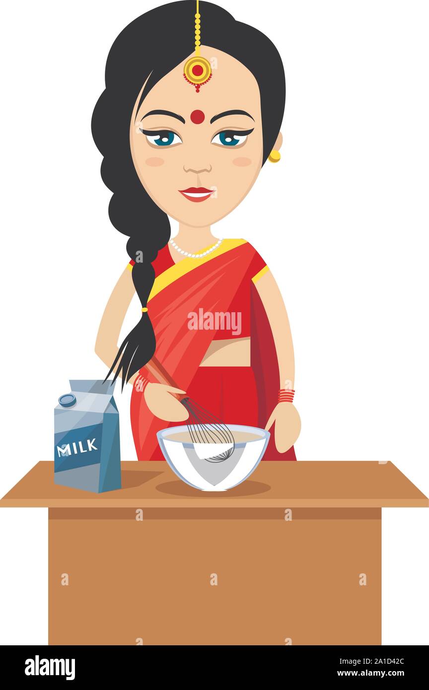 Indische Frau, Kochen, Illustration, Vektor auf weißem Hintergrund. Stock Vektor