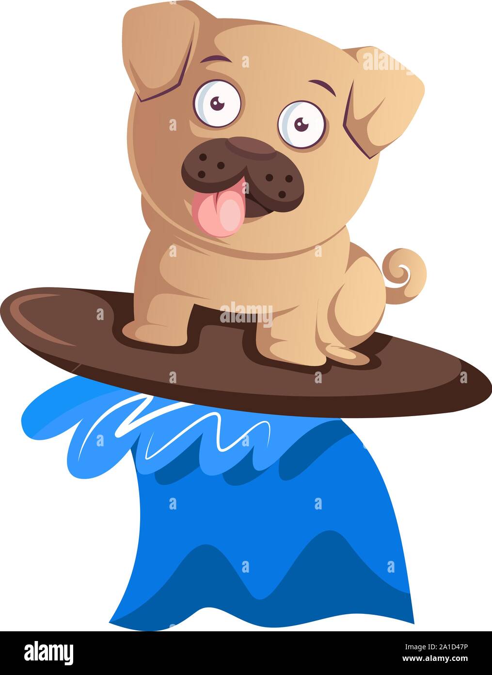 Pug-Surfen, Illustration, Vektor auf weißem Hintergrund. Stock Vektor
