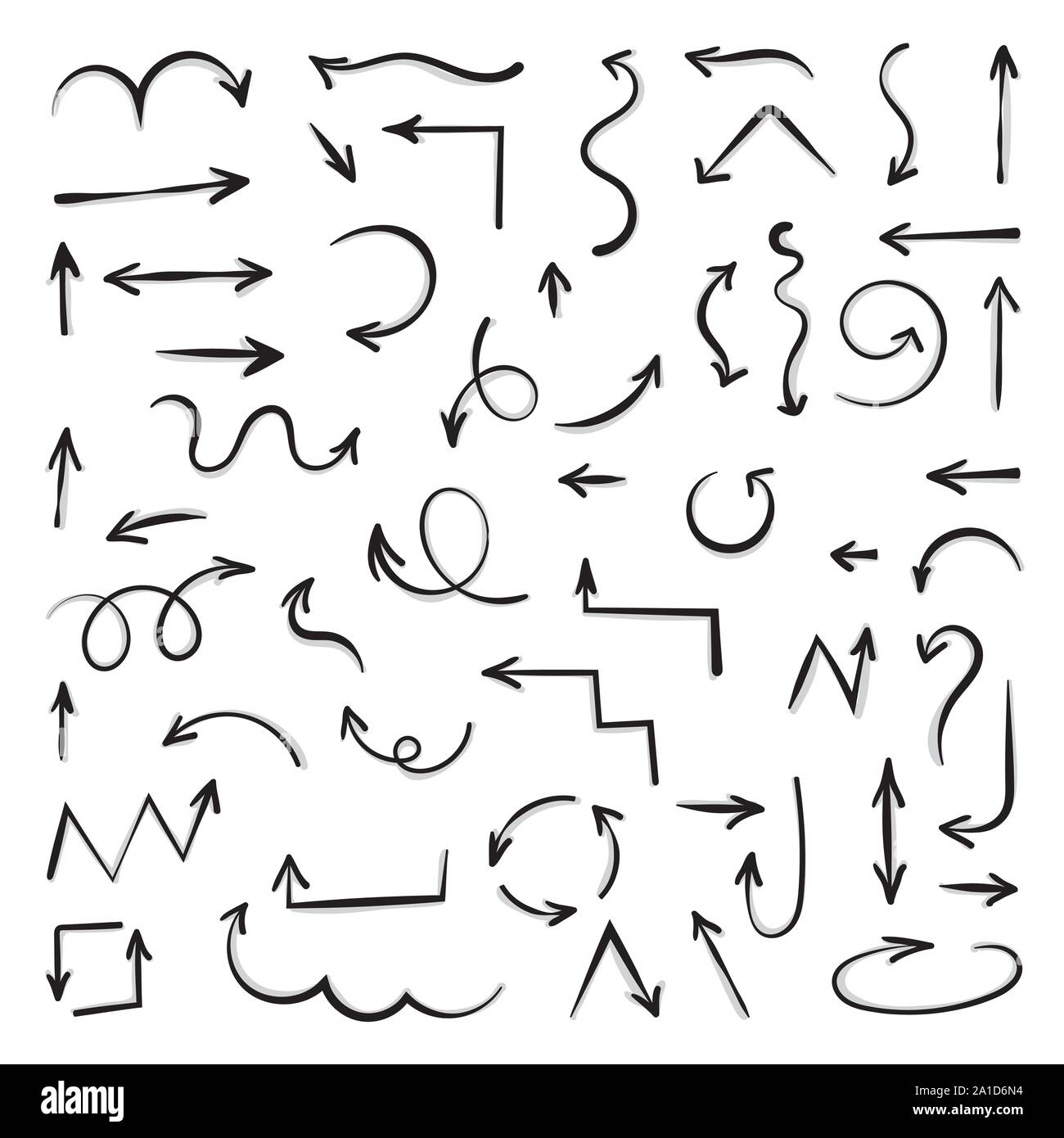 Schwarz filigrane Pfeile. Hand gezeichneten Symbole. Vector Illustration auf weißem Hintergrund Stock Vektor
