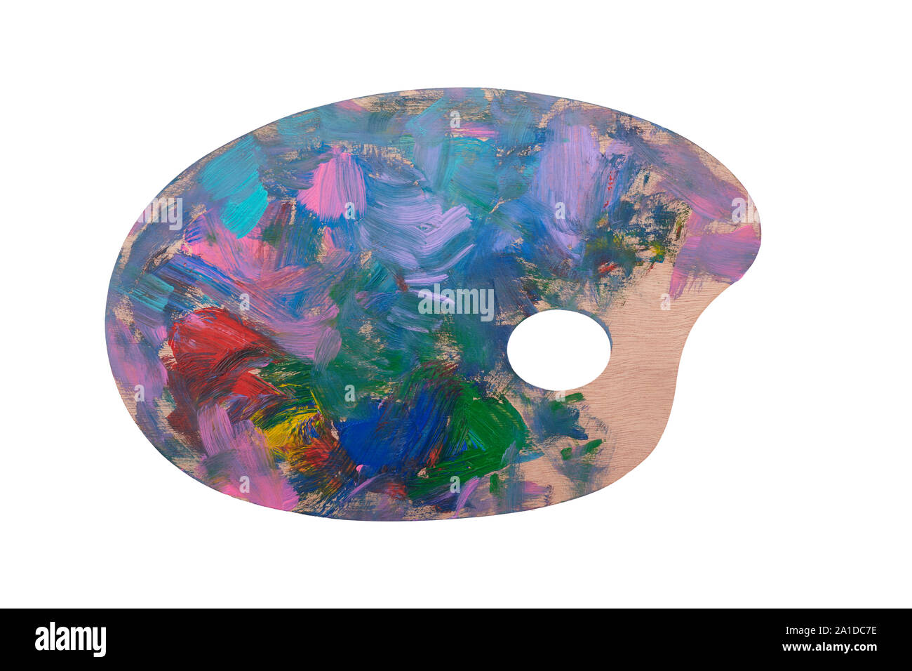 Holz- Palette mit Farben auf weißem Hintergrund Stockfoto