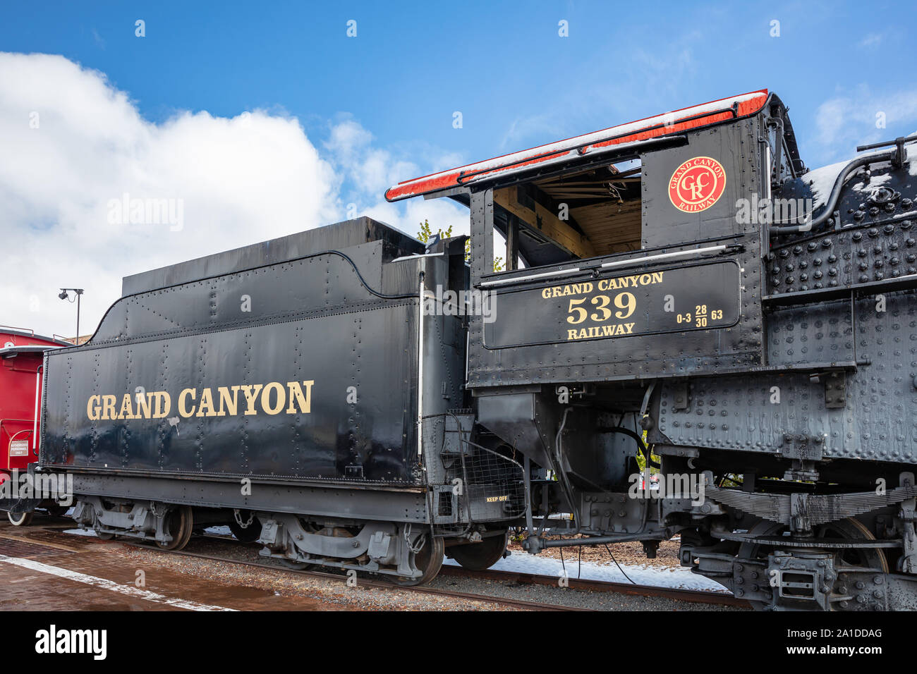 Williams Arizona USA. 23. Mai 2019. Retro historische Lokomotive im Bahnhof. Grand Canyon Railway Text. Stockfoto